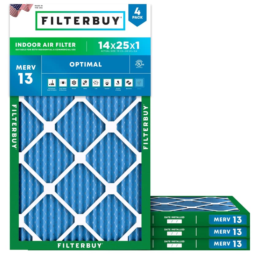 Filterbuy 14x25x1 Air Filter MERV 13 Smoke & Allergy Defense (4-Pack) | Electrostatic Pleated HVAC AC Furnace Filters Replacement, Made in USA (Actual Size: 13.50 x 24.50 x 0.75)