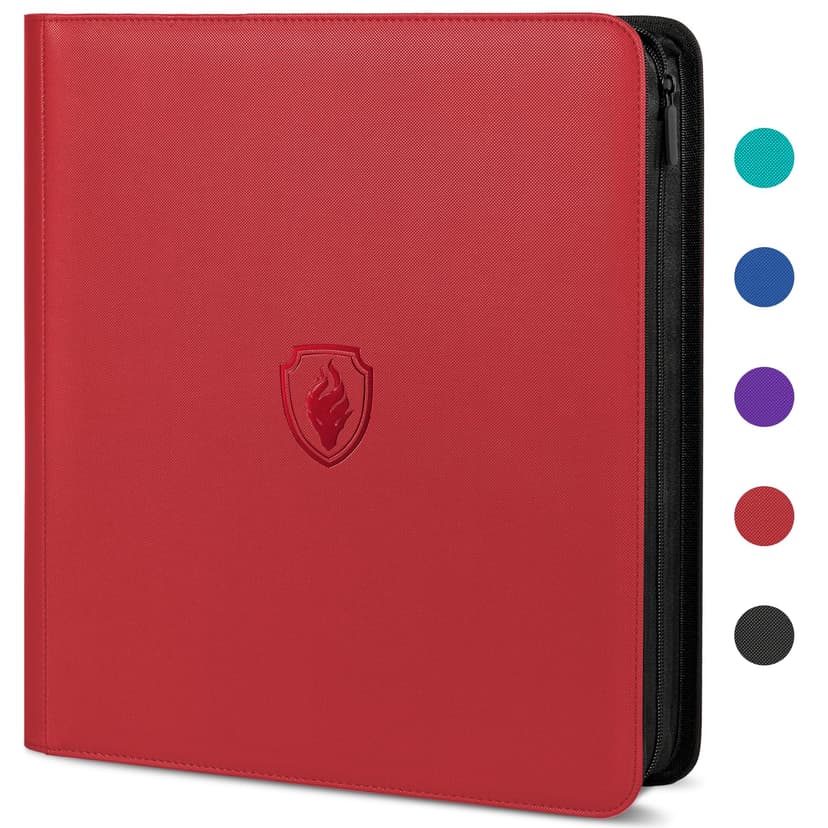 Premium Zip Card Binder 12 Pocket, Fabmaker 912 Pocket Trading Card Binder | PU Cover Zipper Card Collection Album, Sturdy Side-Loading Card Book Holder for Game & Sports Cards, Red