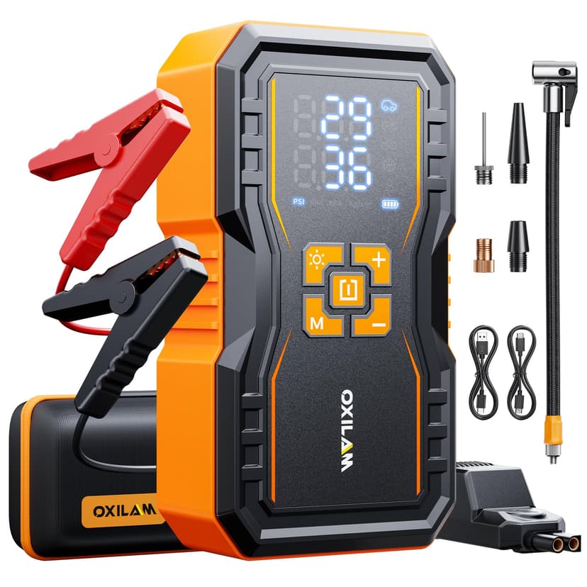 OXILAM 7000A Jump Starter with Air Compressor 160 PSI for All Gas/12L Diesel, 12V Battery Jumper Starter Portable with Auto-Shutoff Tire Inflator, Jumper Cables, LED Display, LED Light, Power Bank
