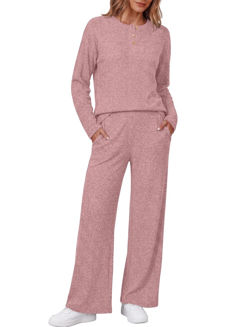 Ekouaer Womens Pajama sets Long Sleeve Cozy 2 Piece Matching Lounge Set | Comfy non-itchy ribbed knit pjs, henley neck drop shoulder loose fit, elastic waist pants with pockets, fall pjs, great gift