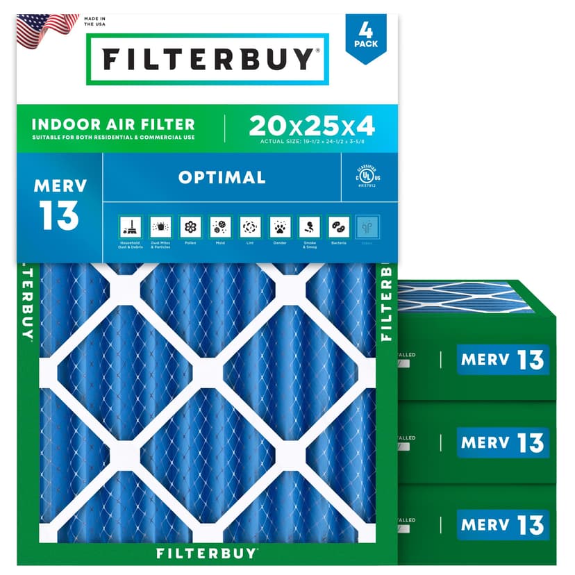 Filterbuy 20x25x4 Air Filter MERV 13 Smoke & Allergy Defense (4-Pack) | Electrostatic Pleated HVAC AC Furnace Filters Replacement, Made in USA (Actual Size: 19.50 x 24.50 x 3.63)