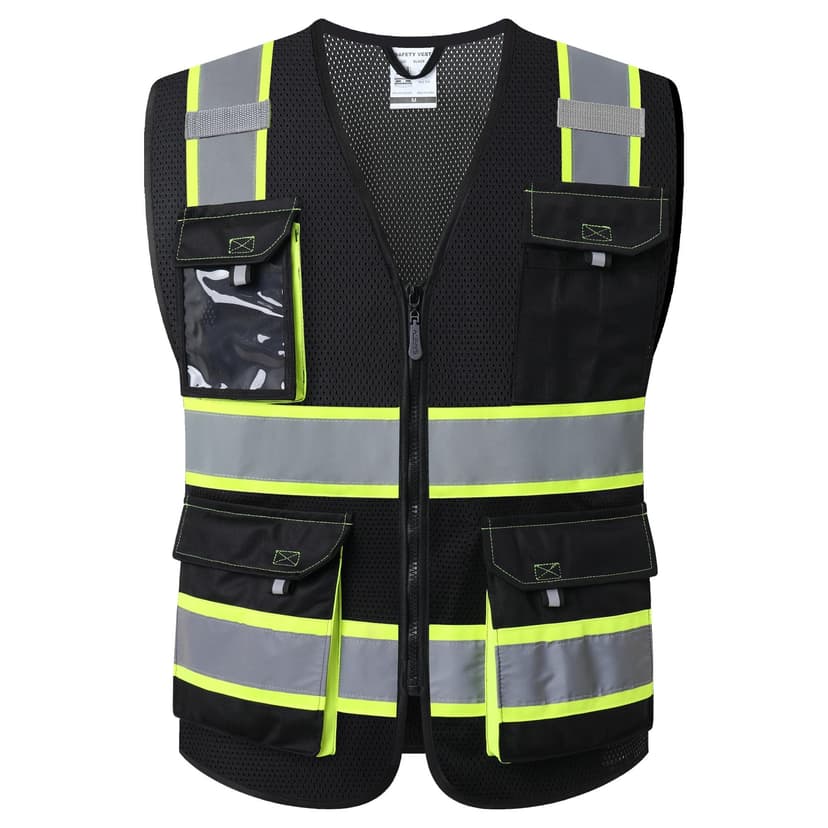 JKSafety Hi Vis Reflective Safety Vests for Men Women High Visibility Vest with Pockets Mesh Fabric Construction Safety Apparel Neon Vest for Work (220-Black XL)