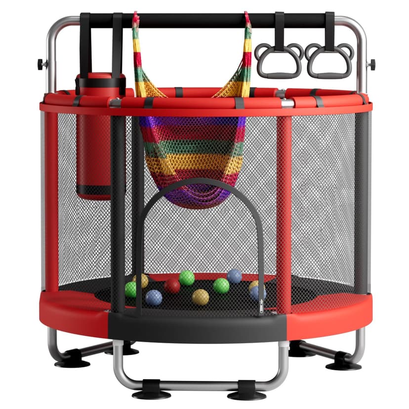 ZCMHAXJ 55" Trampoline for Kids with Enclosure, 440lbs Capacity Indoor & Outdoor Toddler Trampoline with Adjustable Gymnastics Bar & Toys, for Boys & Girls