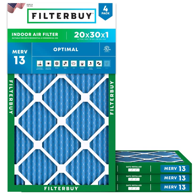 Filterbuy 20x30x1 Air Filter MERV 13 Smoke & Allergy Defense (4-Pack) | Electrostatic Pleated HVAC AC Furnace Filters Replacement, Made in USA (Actual Size: 19.63 x 29.63 x 0.75)