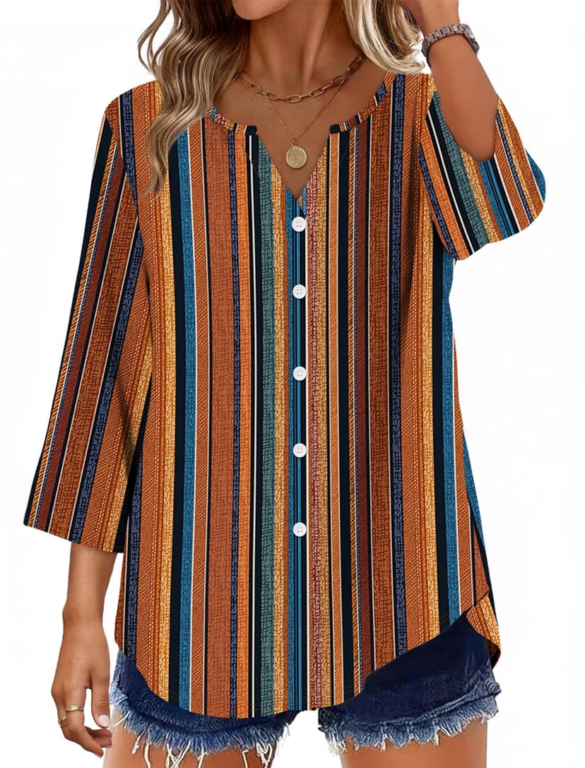 OFEEFAN Button Down Shirts for Women 3/4 Length Sleeve Tops V Neck Blouses Business Casual Outfits Loose Fit