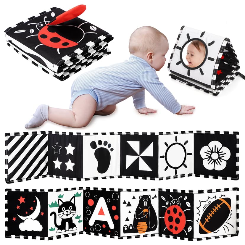 URMYWO Black and White Baby Toy, Tummy Time High Contrast Newborn Toys | Visual Stimulation Soft Baby Book, Brain Development Montessori Sensory Infant Mirror Toy 0-6-12 Months, Boy Girl Shower Gift