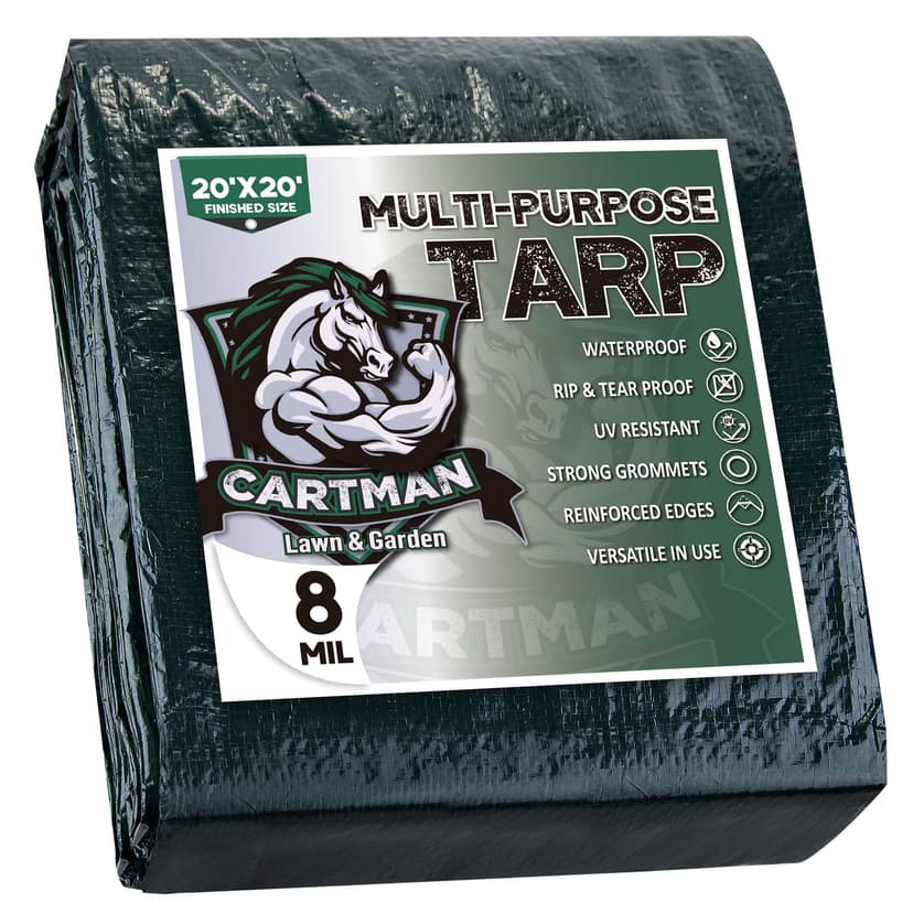 CARTMAN 20x20Ft Multipurpose Waterproof Poly Tarp Cover 8 Mil, Green | Reinforced edges, metal grommets every 36in, 10x10 weave, fits camping, emergency shelter, outdoor gear & cargo protection