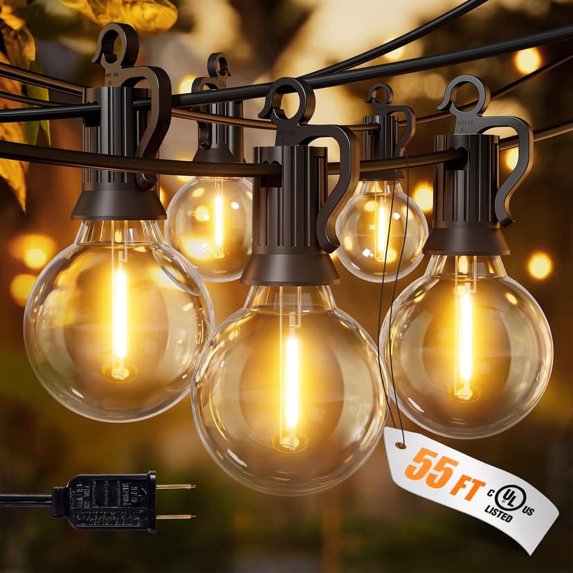 Outdoor String Lights, 55(50+5) FT 25 Bulbs IP65 Waterproof Patio Lights | Shatterproof Dimmable Hanging Connectable G40 Globe LED Outdoor Lights for Christmas, Backyard, Bistro, Porch