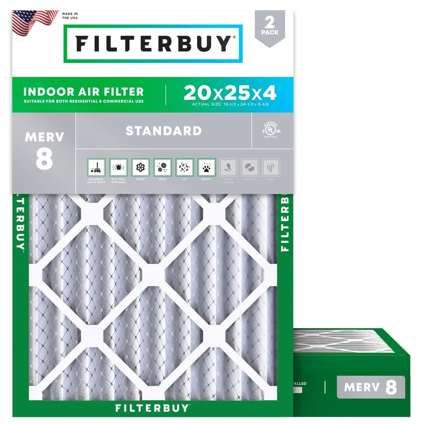 Filterbuy 20x25x4 Air Filter MERV 8 Dust & Allergy Defense (2-Pack) | Electrostatic Pleated HVAC AC Furnace Filters Replacement, Made in USA (Actual Size: 19.50 x 24.50 x 3.63)