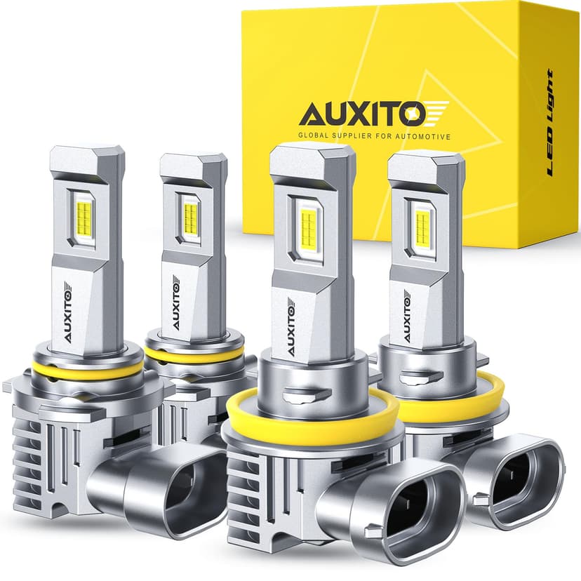 AUXITO H11 9005 Light Bulbs Combo, 60000LM 900% Super Brighter, 6500K Cool White, 1:1 Mini Halogen Size H9 H8 & 9005 HB3 Light, Plug and Play, Pack of 4