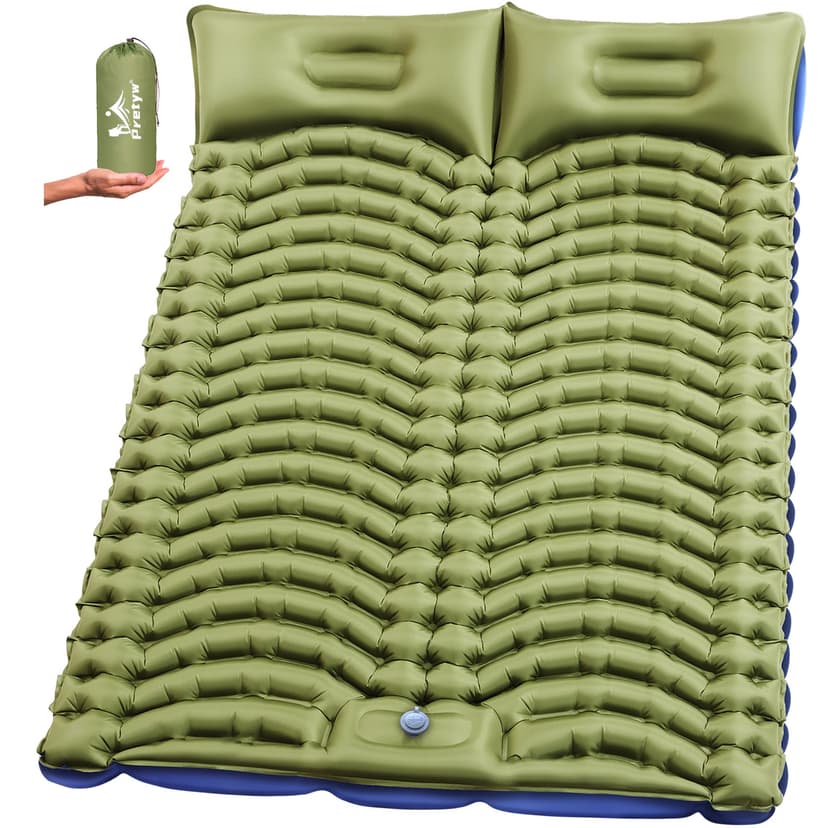 Pretyw Double Camping Sleeping pad with Pillow & Built-in Foot Pump | Ultralight Camping Mattress，Compact Inflatable 2-Person Portable Mat for Backpacking, Hiking, Car Traveling, Beach, Tent