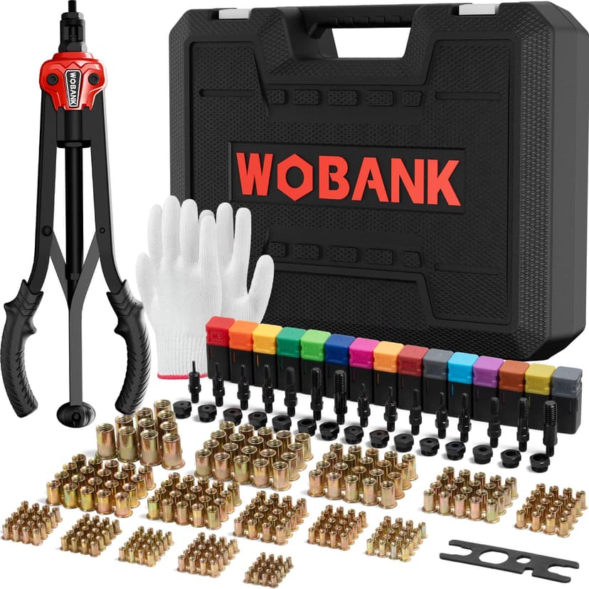 Rivet Nut Tool Kit, 16" Rivnut Tool with 15 Mandrels & 290 Rivet Nuts | Professional Nutsert Tool Kit with Wrench, Gloves & Carrying Case, Auto Release Nut Design for Automotive, Construction & DIY