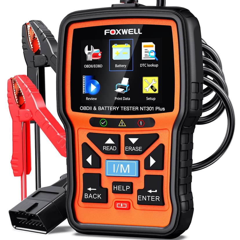 2-in-1 FOXWELL NT301 Plus OBD2 Scanner with 12V Battery Tester, Check Engine Light Code Reader, Car Battery/Starter/Charging System Test, Live Data Diagnostic Tool for 1996+ OBDII Vehicles