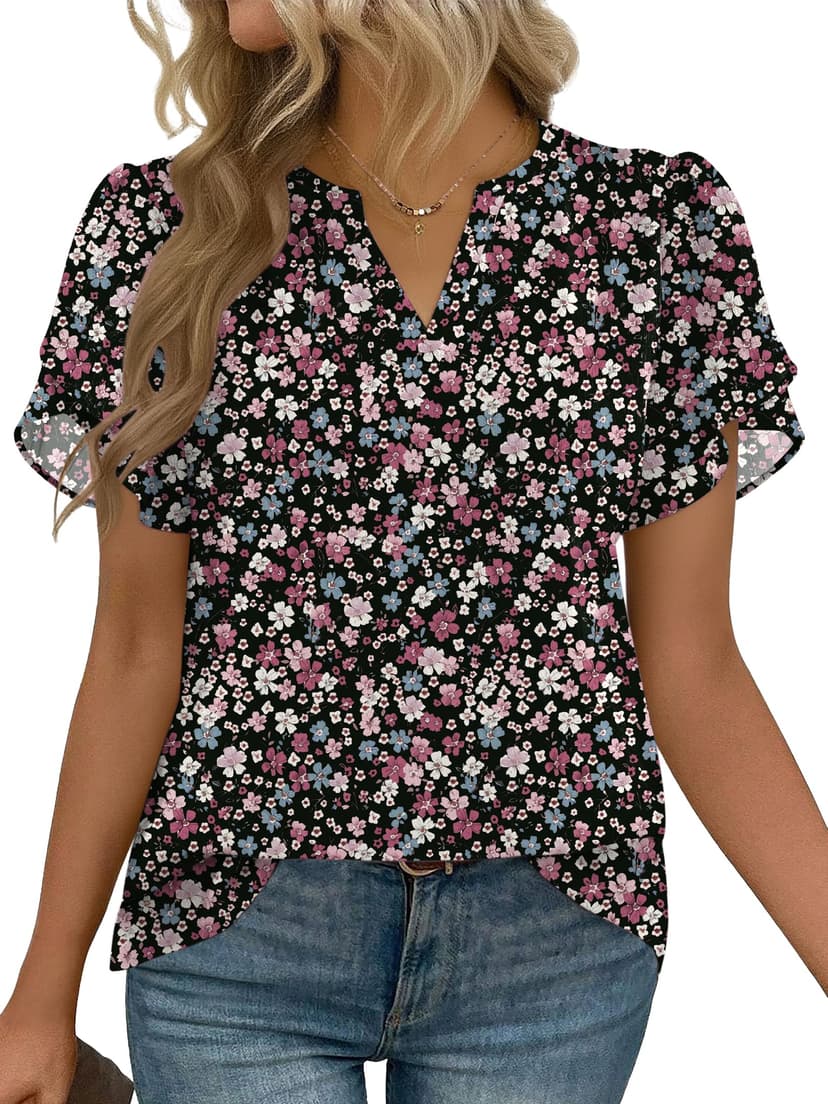 Zeagoo Womens Dressy Casual Chffon Shirts Short Sleeve V Neck Work Blouse | Flowy Business Casual Tops, Petal Sleeves, Double Layer, Office, Teacher, Interview Outfits for Spring, Summer