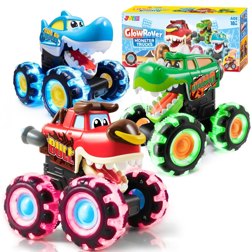 JOYIN 3 Pack Monster Truck Toy - Motion Activated Light Up Cars for Toddlers - Monster Glow Rover LED Wheels - Baby Boy Toys - Press and Go Dinosaur Trucks for Kids Boy Birthday Gifts