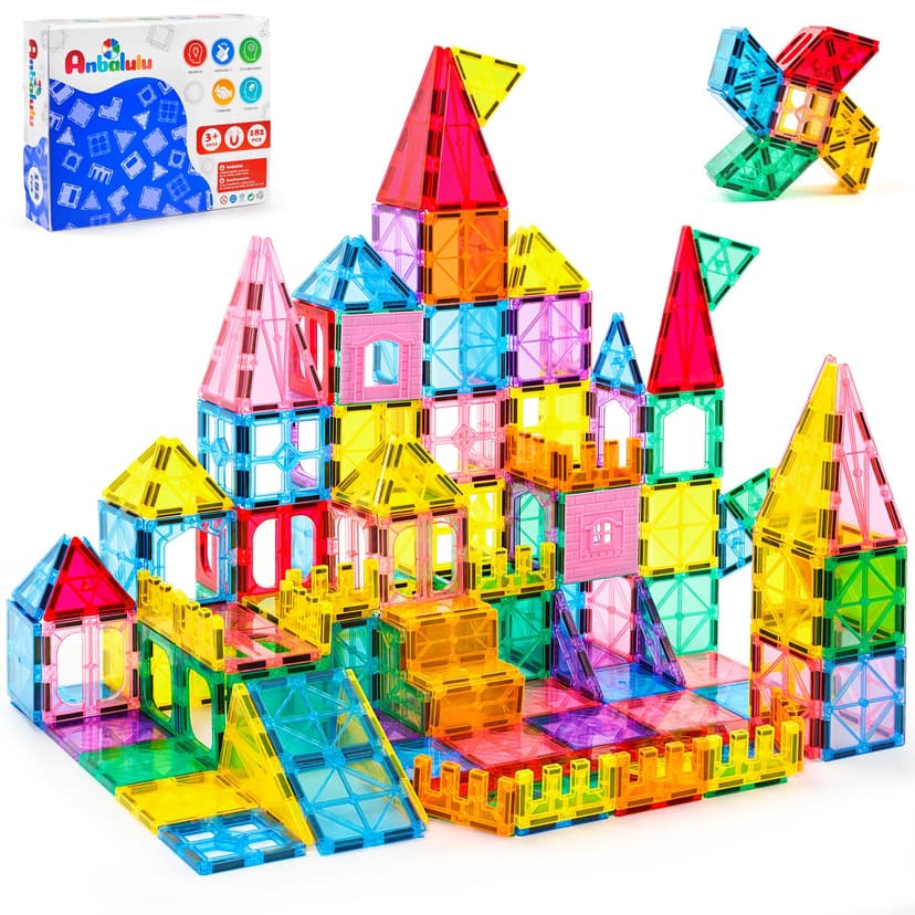 Anbalulu 182PCS Magnetic Tiles, Large Castle Building Blocks for Kids | Supersized STEM Construction Set, Strong Magnets, Toddler Safe, Clear Rainbow Colors for Giant Creative Builds