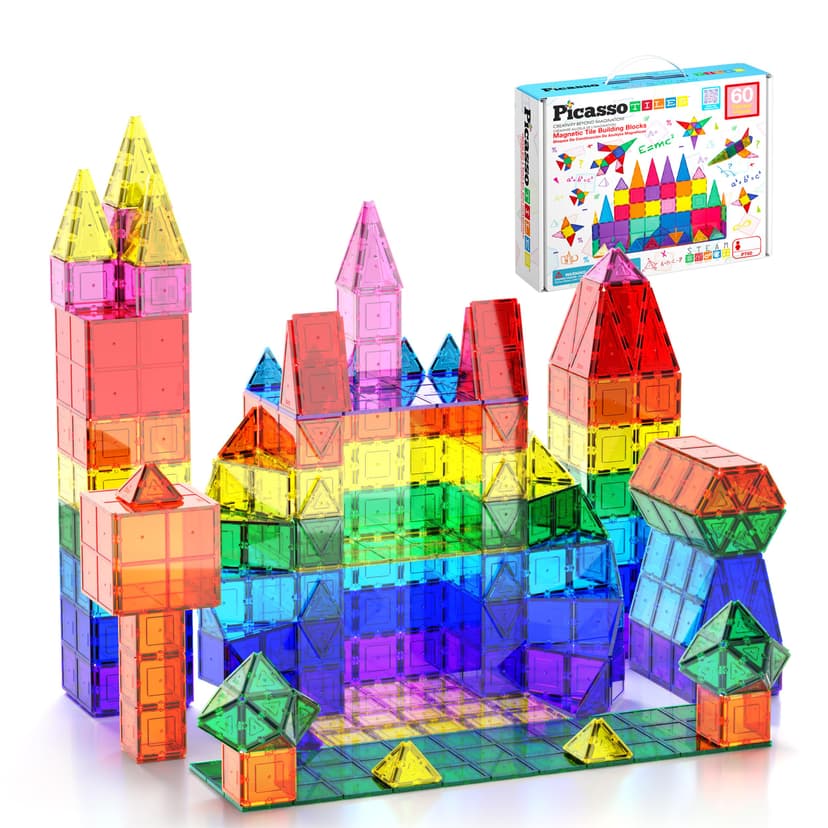PicassoTiles 60 Piece Magnetic Tiles Clear 3D Building Blocks STEM Ages 3+ | Montessori sensory learning, easy small-hand grip, multiplayer group play fun, preschool classroom gifting, smooth safe edg
