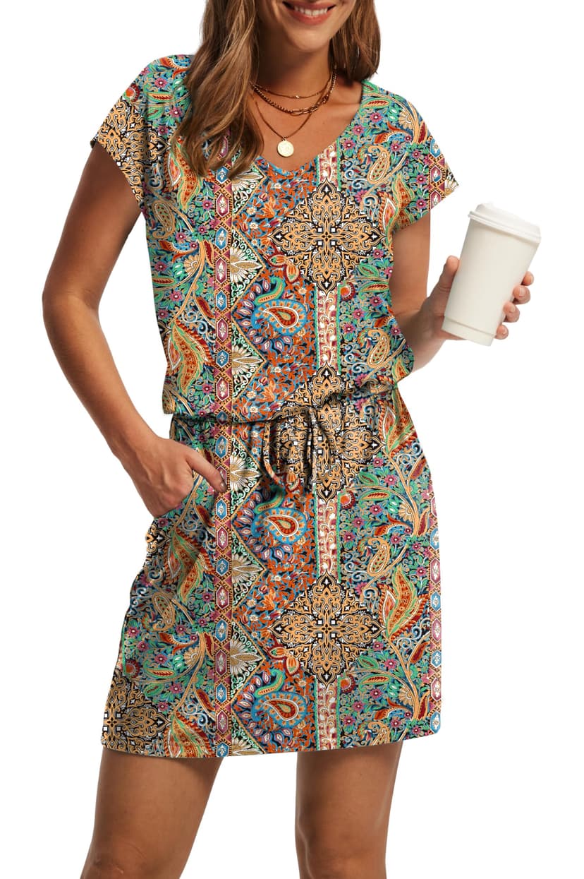 OFEEFAN Summer Dresses for Women 2026 V Neck T Shirt Casual Mini Dresses Tie Waist Sundresses with Pockets