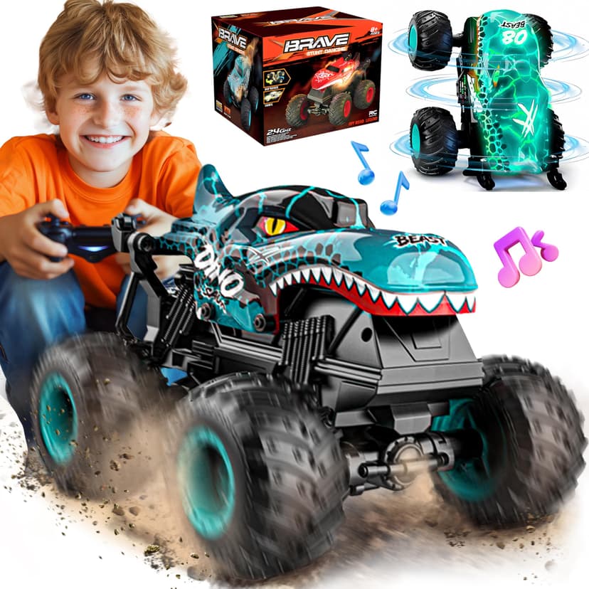 BEZGAR Monster Truck Toys, 1:20 Remote Control Car with Light & Music | Blue Dinosaur Toys for Kids, RC Truck with 360° Spins and Drifting, Toy Car Gifts for Boys, Battery Life of 20 Minutes