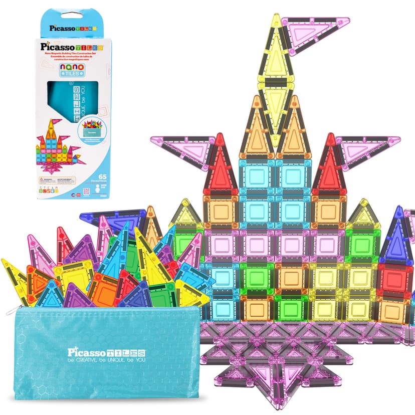 PicassoTiles 65 Piece Magnetic Tiles, STEM Travel Building Set for Kids 3+ | zipper carry pouch bag, portable miniature toy construction, educational Montessori learning, creative birthday gift presen