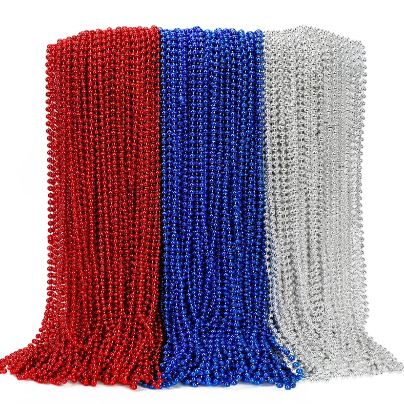 100PCS 4th of July Accessories, 250th Anniversary Patriotic Beads Necklace Bulk, Fourth of July Red Blue Silver Necklace Party Favors, Beads for Veterans Day Parade Party Celebration Favors Decor