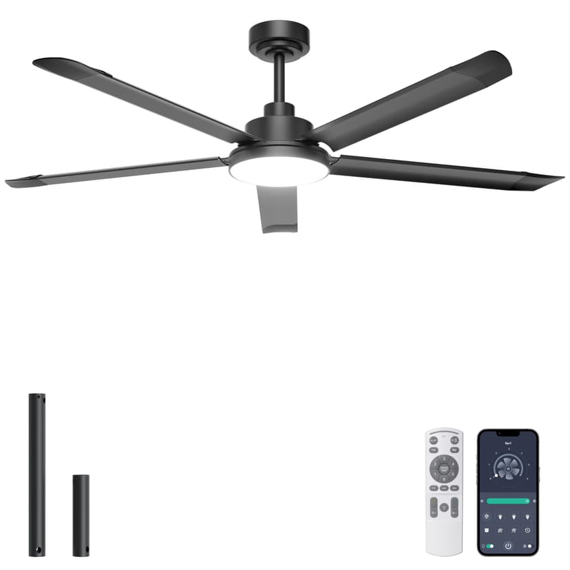 Ohniyou 60'' Industrial Ceiling Fan with Light for Patio, Porch, Black | 6800 CFM Airflow, 35dB DC Motor, 5 Aluminum Blades, 3CCT Dimming, Remote/APP Control, Covered Outdoor Metal Fan