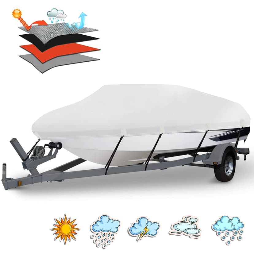 HAHASOLE Waterproof 20-22FT Boat Cover, 1200D Heavy Duty Trailerable Cover | Marine Grade Oxford Fabric, UV & Tear Resistant, Double Stitching, Elastic Hem, Fits V-Hull/Ski Boat/Bass Boat/Fishing Boat