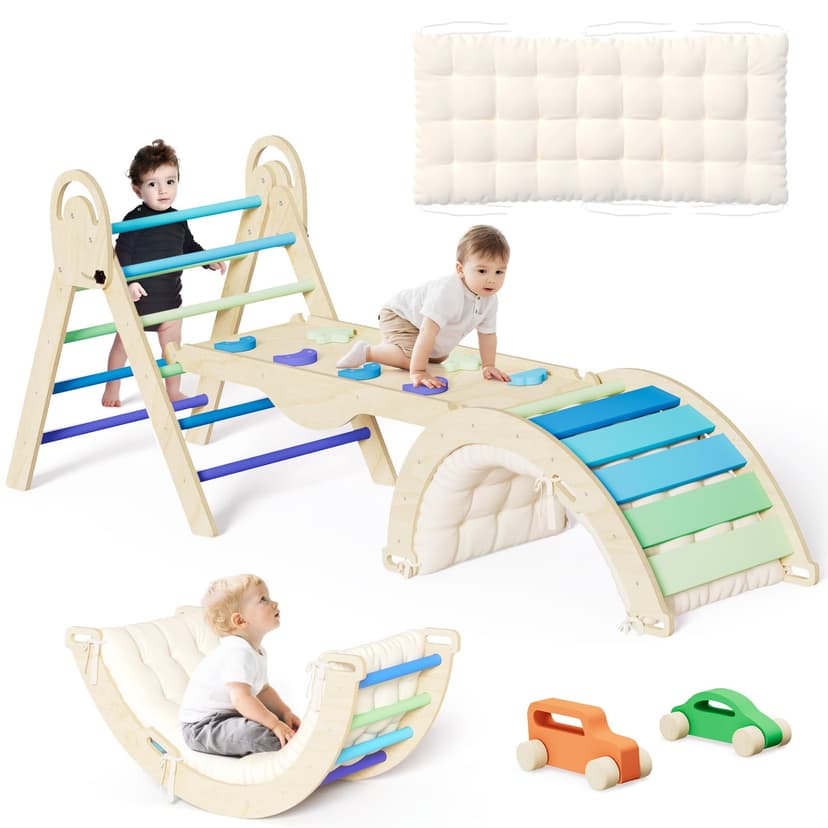 ElegantCrafts Pikler Triangle Set with Cushion, Montessori Climbing Set, Indoor Climb Toys, Indoor Playground Jungle Gyms, 9 Combinations Climbing Toy Set for Toddler, Baby, Kids 1-4