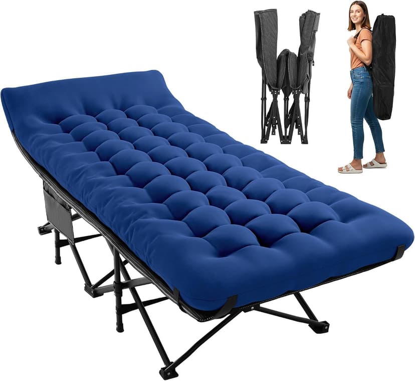 JEAREY Folding Camping Cot for Adults, 28in Wide with Mattress, Navy | Heavy-duty 1200D Oxford Cot with Removable Mattress and Carry Bag, Portable Design for Camping, Travel, Guests and Hiking