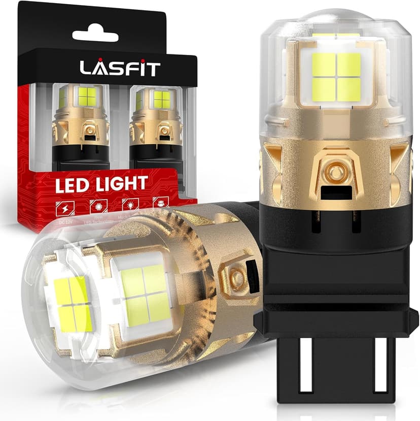 LASFIT 3157 LED Bulb for Reverse Light, 3156 3056 LED Bubs 6000K Xenon White, No-polarity, Super Bright 3057 3047 4114 4157 4057 LED Lights with Projector for Backup, DRL, for Standard Socket (2-Pcs)