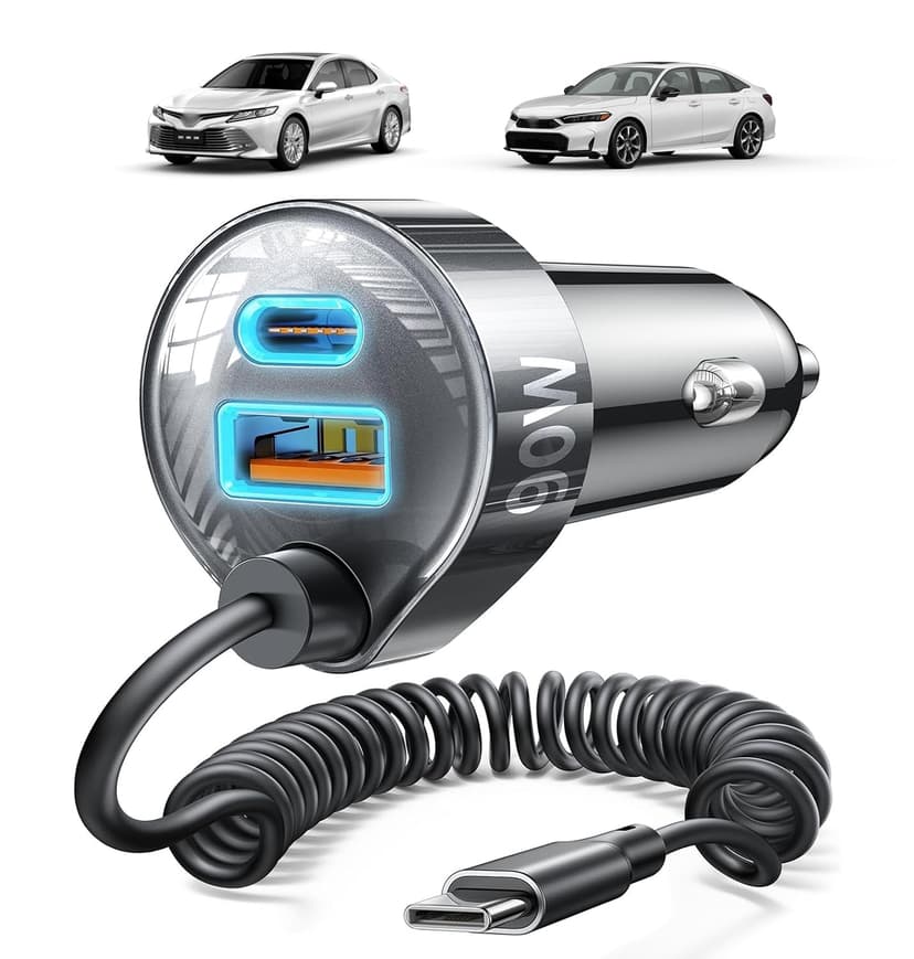 LISEN Car Charger with 45W Built-in USB-C 36 inch Coiled Cable, 90W Multi-Port Fast Charging Cigarette Lighter Adapter for iPhone 17/16/15 Pro Max, Samsung Galaxy S26 Ultra, Black | Car Charger USB C