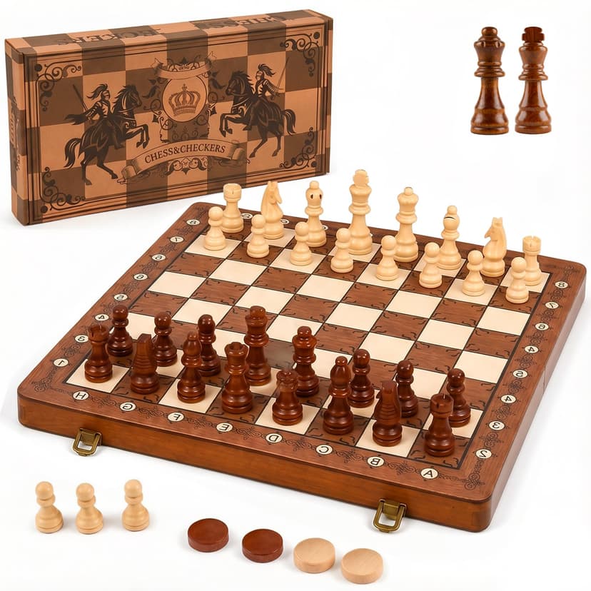 Magnetic Wooden Chess Set and Checkers Board Game for Adults Kids (p | 2 in 1 15" Magnetic Chess & Checkers Foldable Travel Board Game with Extra Queens & Storage Slots for Kids Adults Beginners