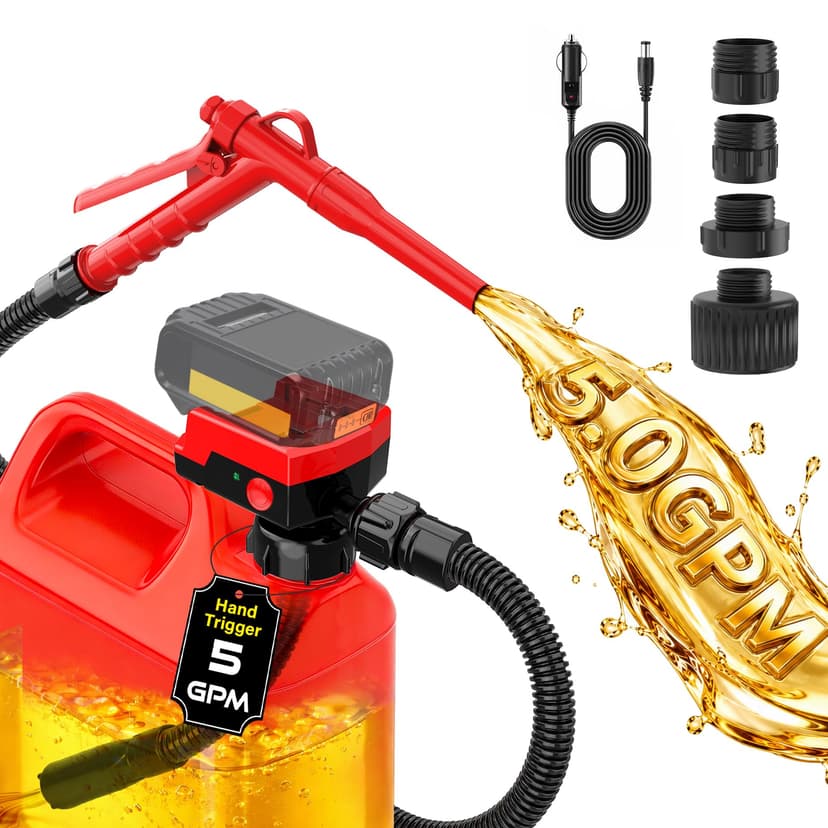 Keimi Cordless Electric Fuel Transfer Pump, Hand Trigger Nozzle, 5 GPM | For Select DeWalt 20V and Milwaukee 18V Batteries, Squeeze Trigger to Transfer, Release to Stop, 4 Can Adapters, Bare Tool